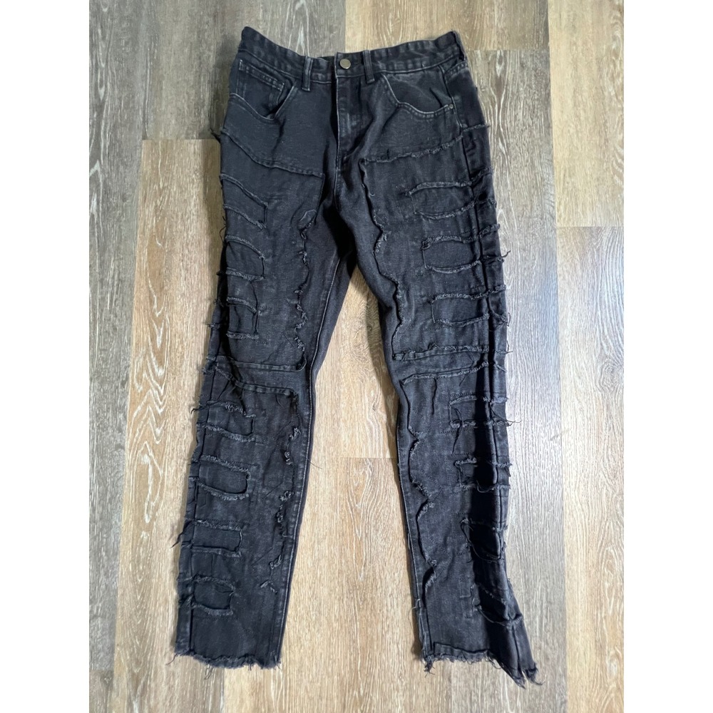 Unbranded Distressed Patchwork Jeans Mens 32 Black Raw Edge Frayed Straight Leg